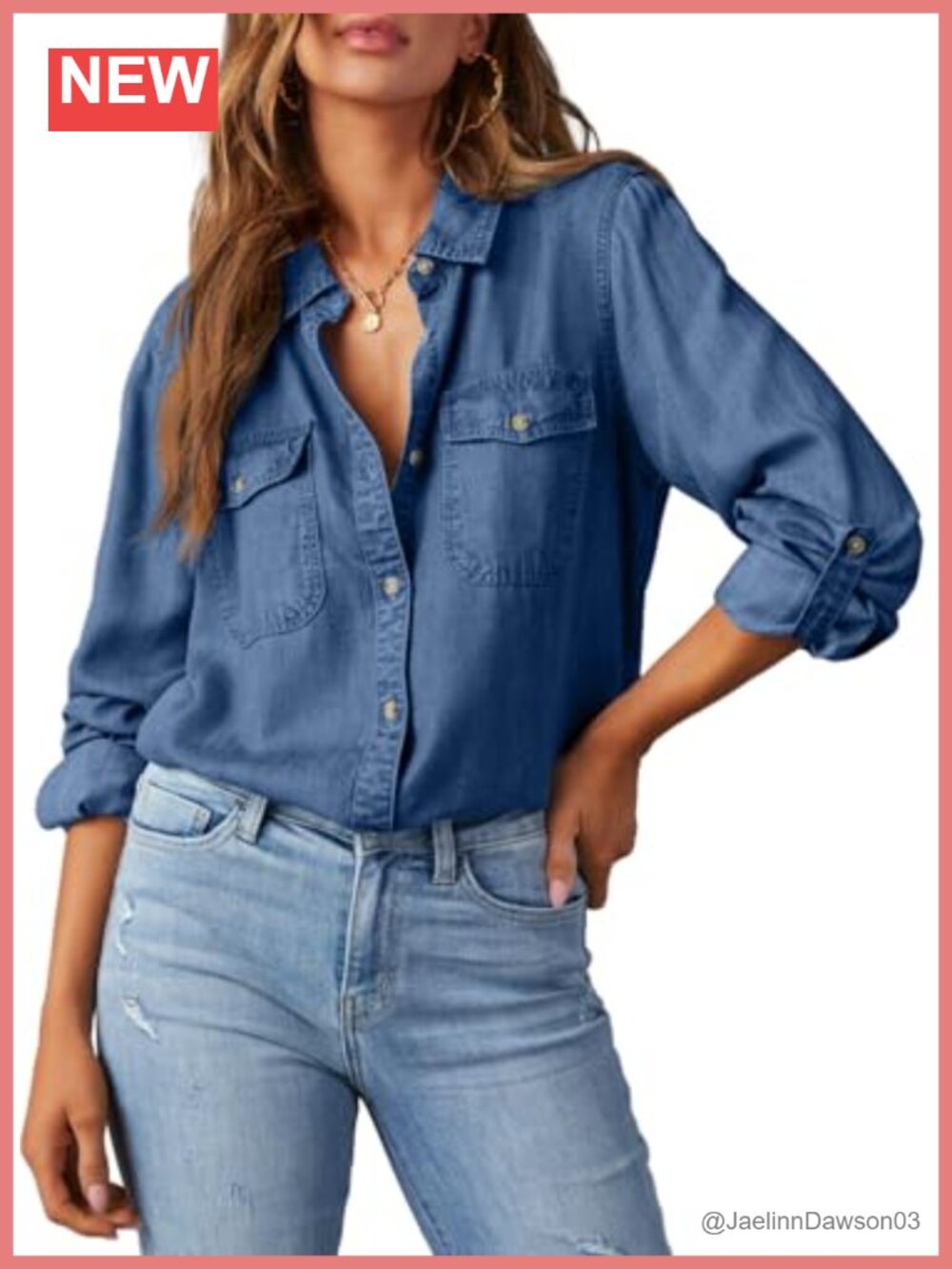 Denim Button Down Shirt Long Sleeve V-Neck Blouse for Women Casual
